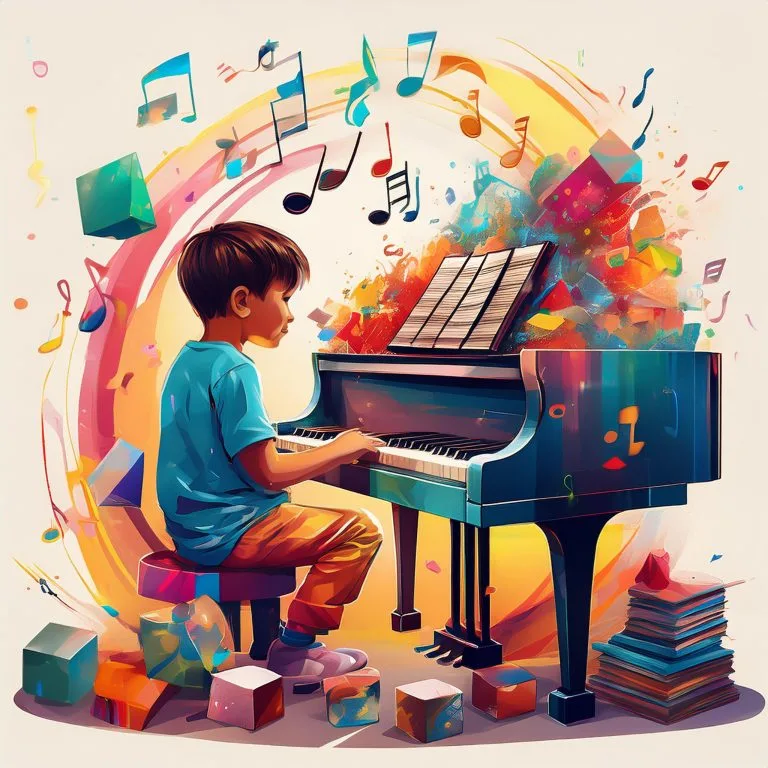 Niño jugando alrededor de un piano