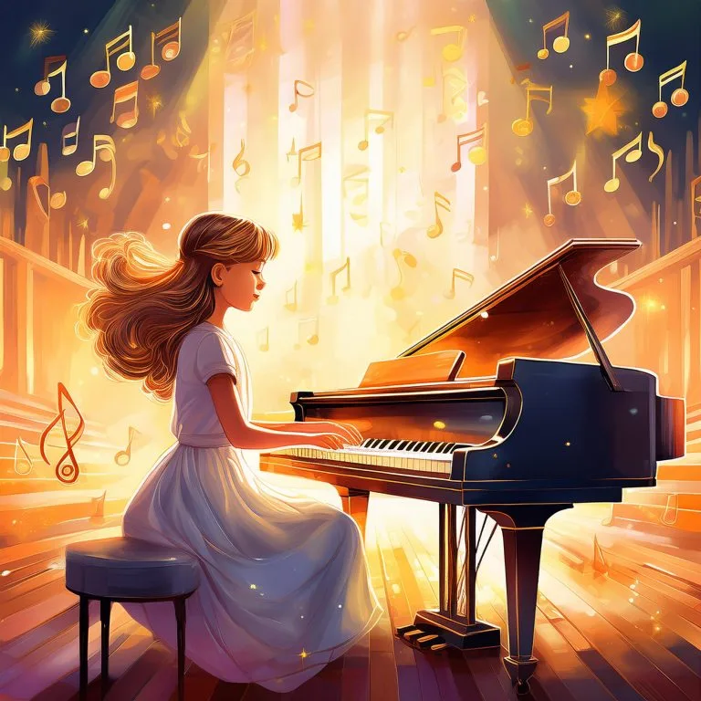 ilustración de Una niña vestida de forma elegante tocando el piano en un escenario