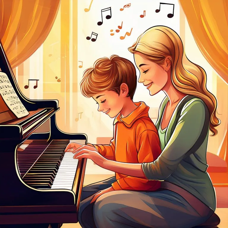 ilustración de una profesora de piano interactuando con un niño